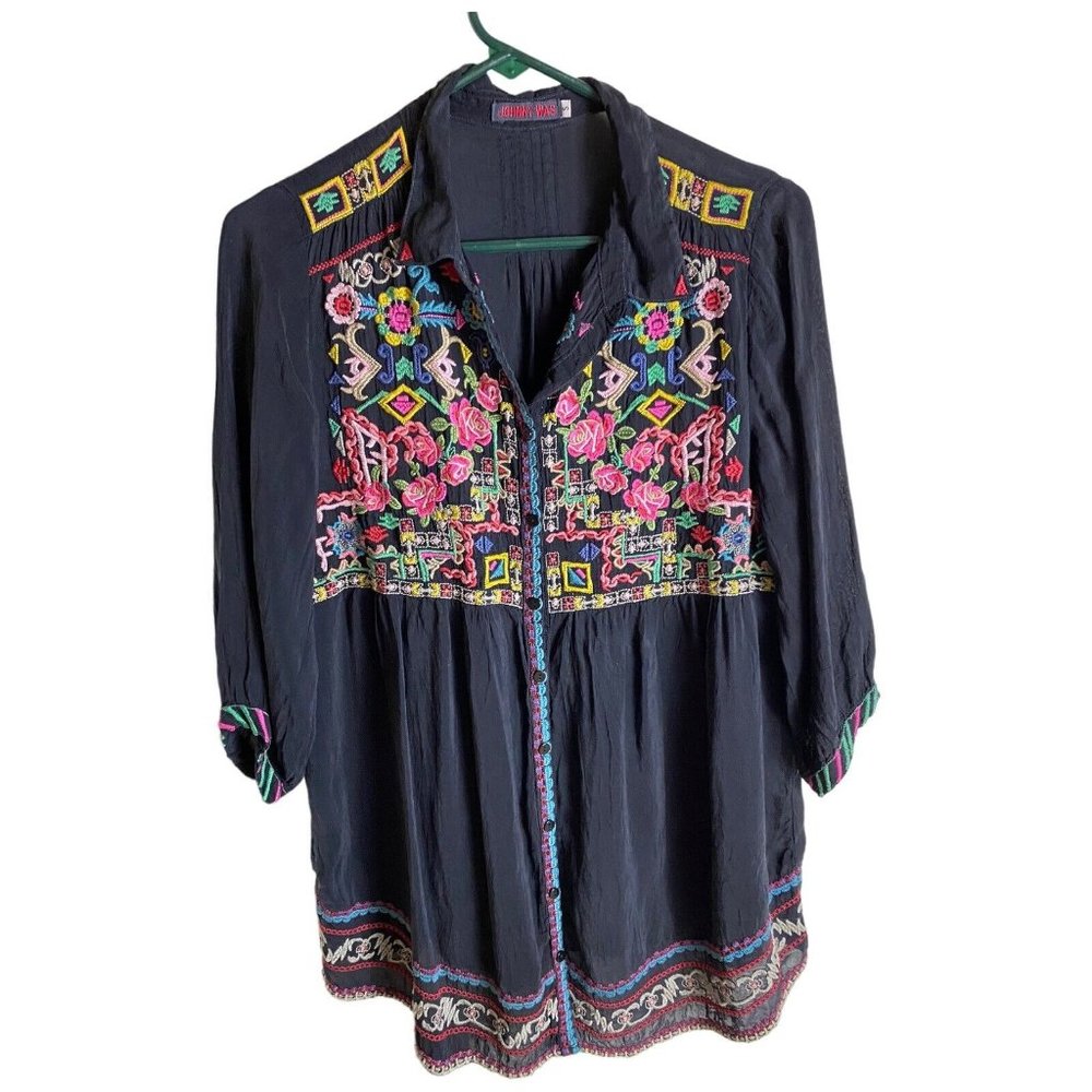 Johnny Was Embroidered Top Festival Bib Top Womens S Black Colorful Embroidery